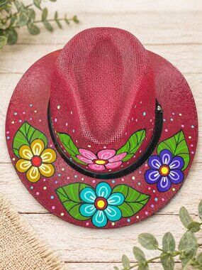 Mexican Hand-painted Red Fedora Hat Floral Medium Size
